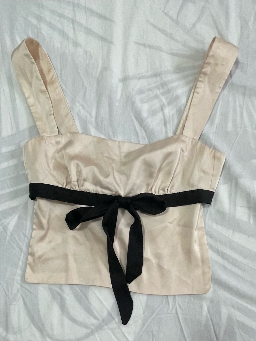 Edikted Cream Satin Square-Neck Camisole with Black Waist Tie